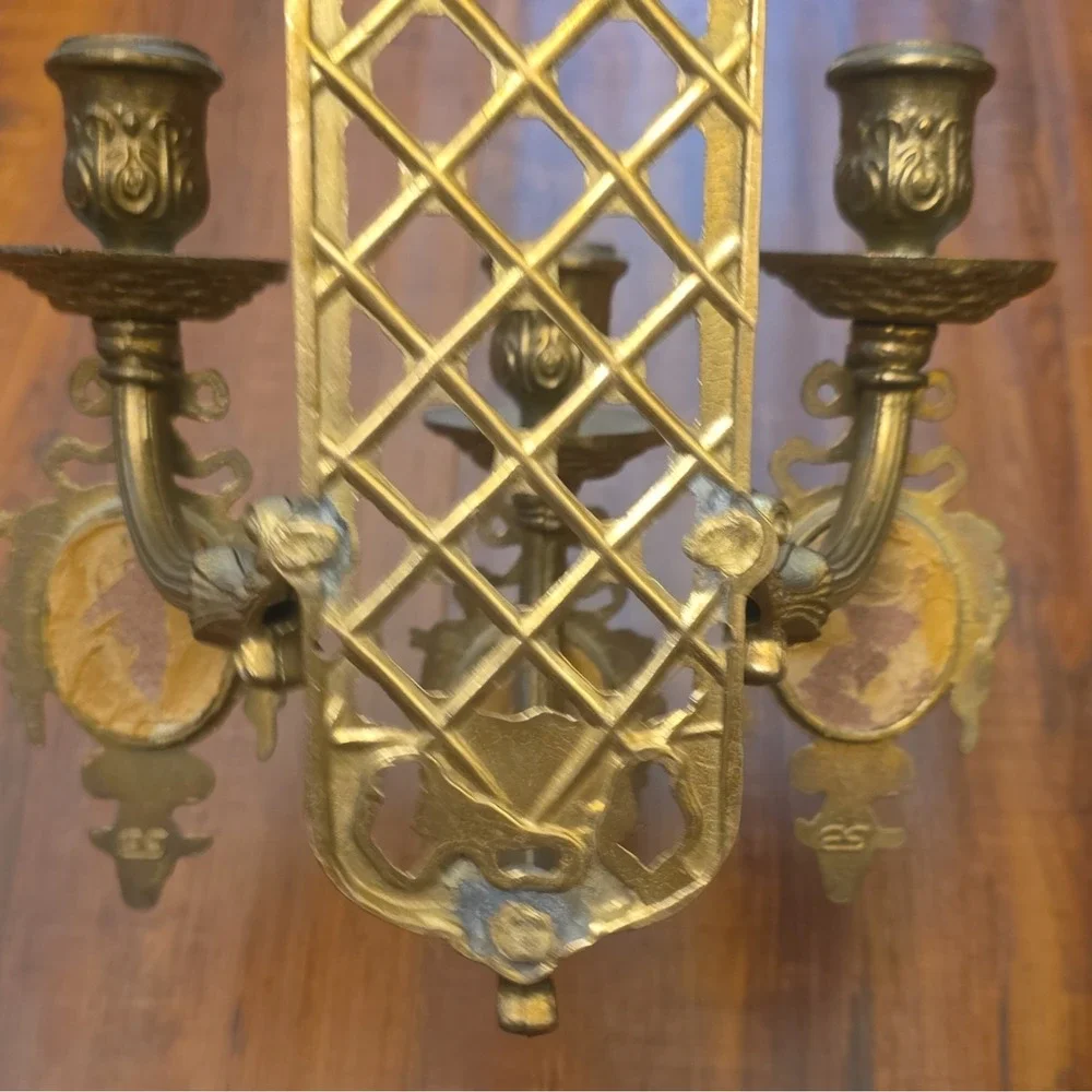 Pair of Vintage French Brass 3-Arm Wall Sconces, Rococo RevivalSigned Fragonard